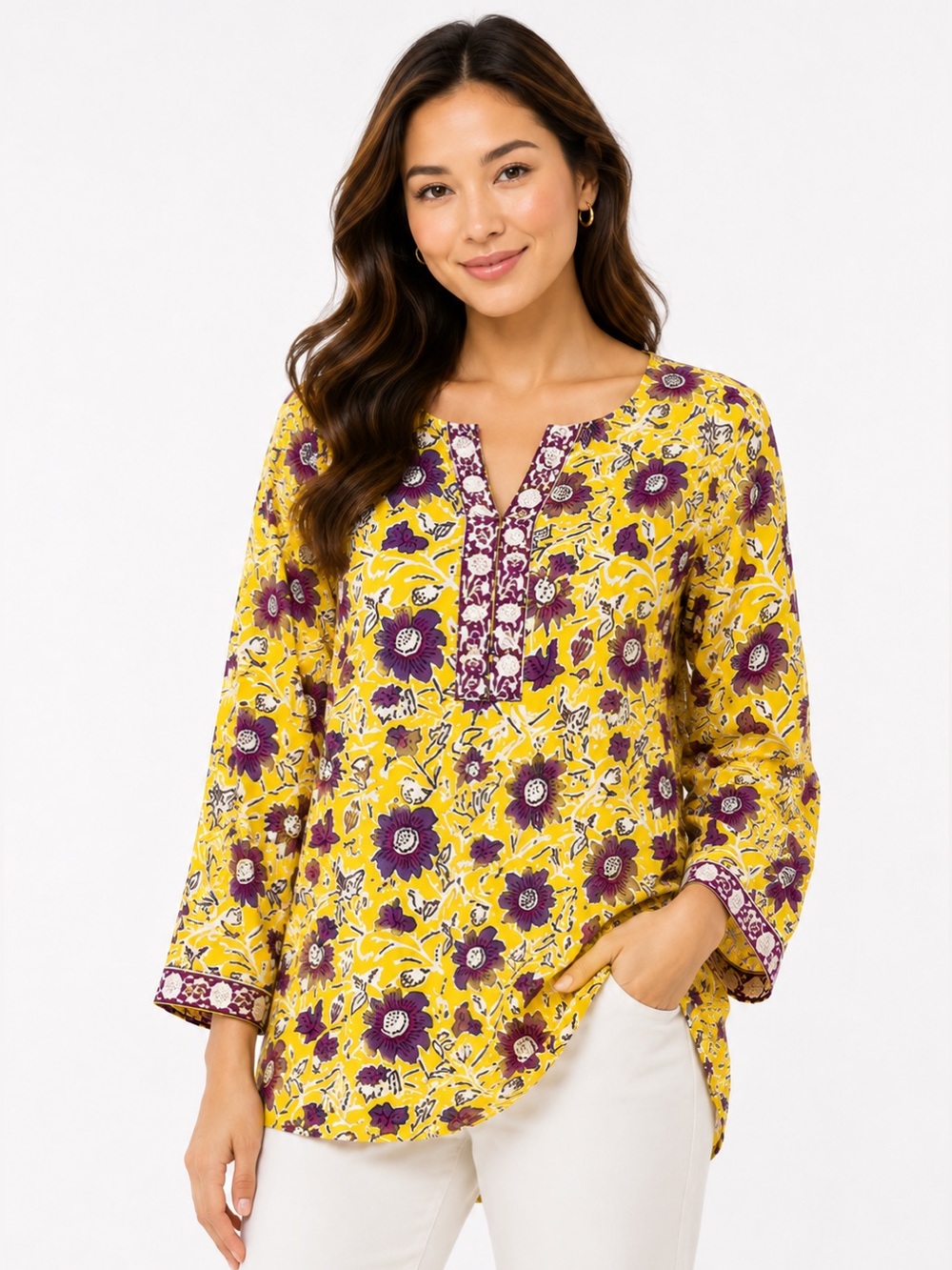 Floral Yellow and Purple Women's Tunic Top